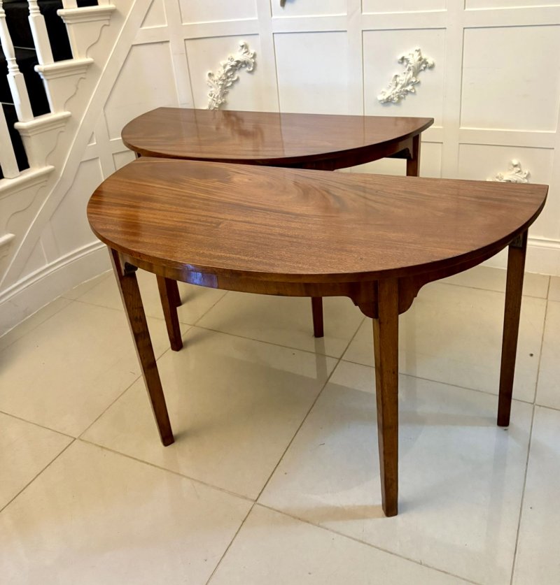 Pair of Antique George III Quality Figured Mahogany Shaped Demi Lune Console Tables - Image 3